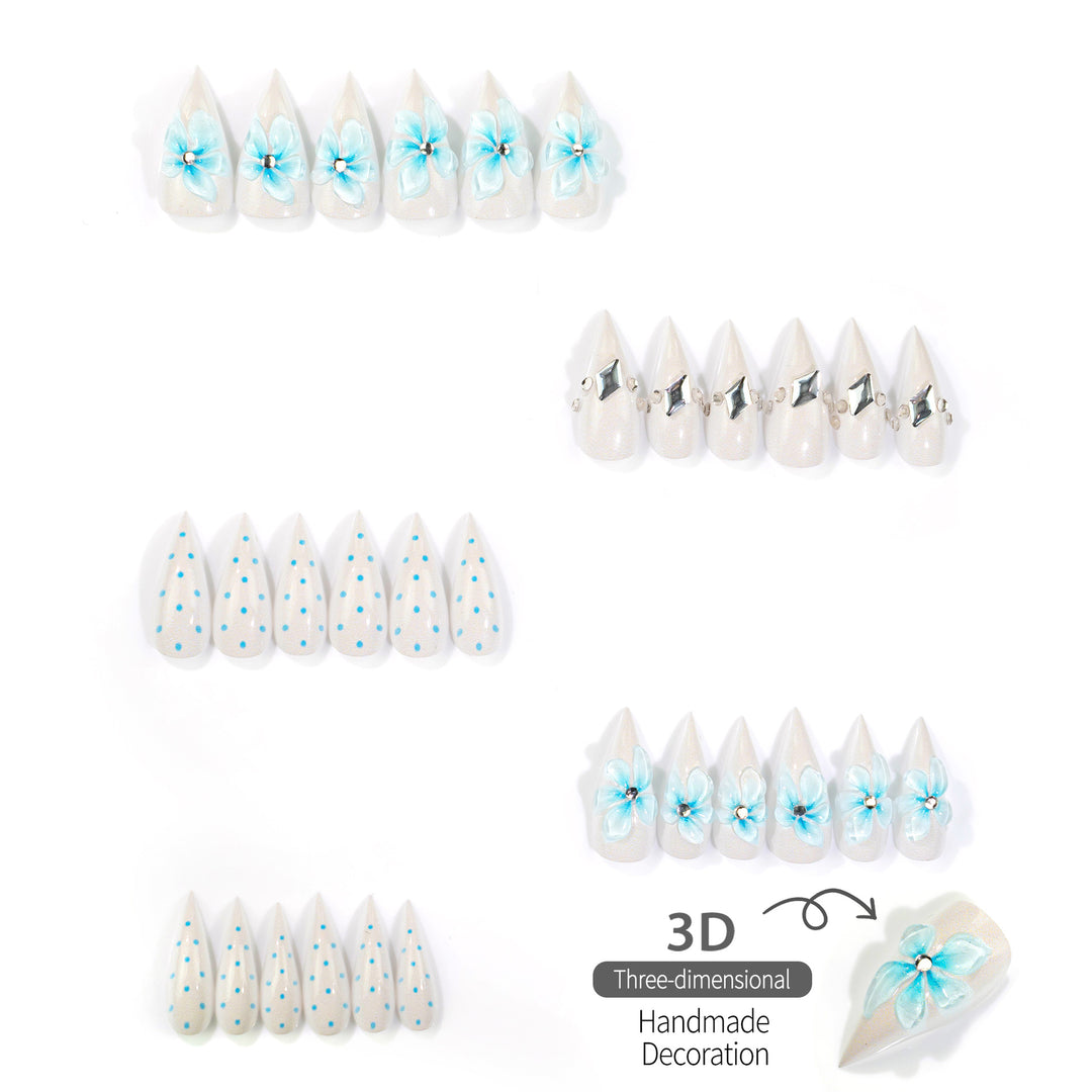 Dekorativer Press-On Nagelset mit floralen und Edelstein-Designs