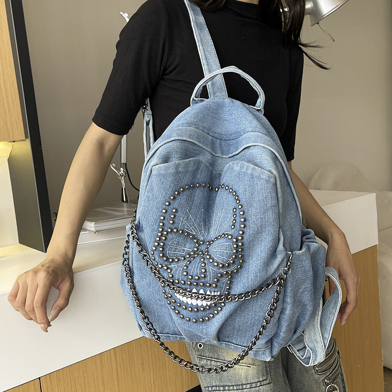 Edgy Skull Design Denim Rucksack