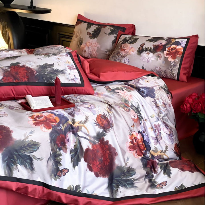 Luxuriöses Satin-Textur Blumen Bettbezug Set mit kontrastierender Bordüre und passenden Kissenbezügen