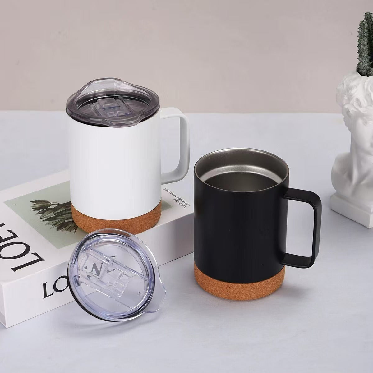 Damen eleganter Kaffeebecher mit Korkboden und durchsichtigen Deckel Karnz