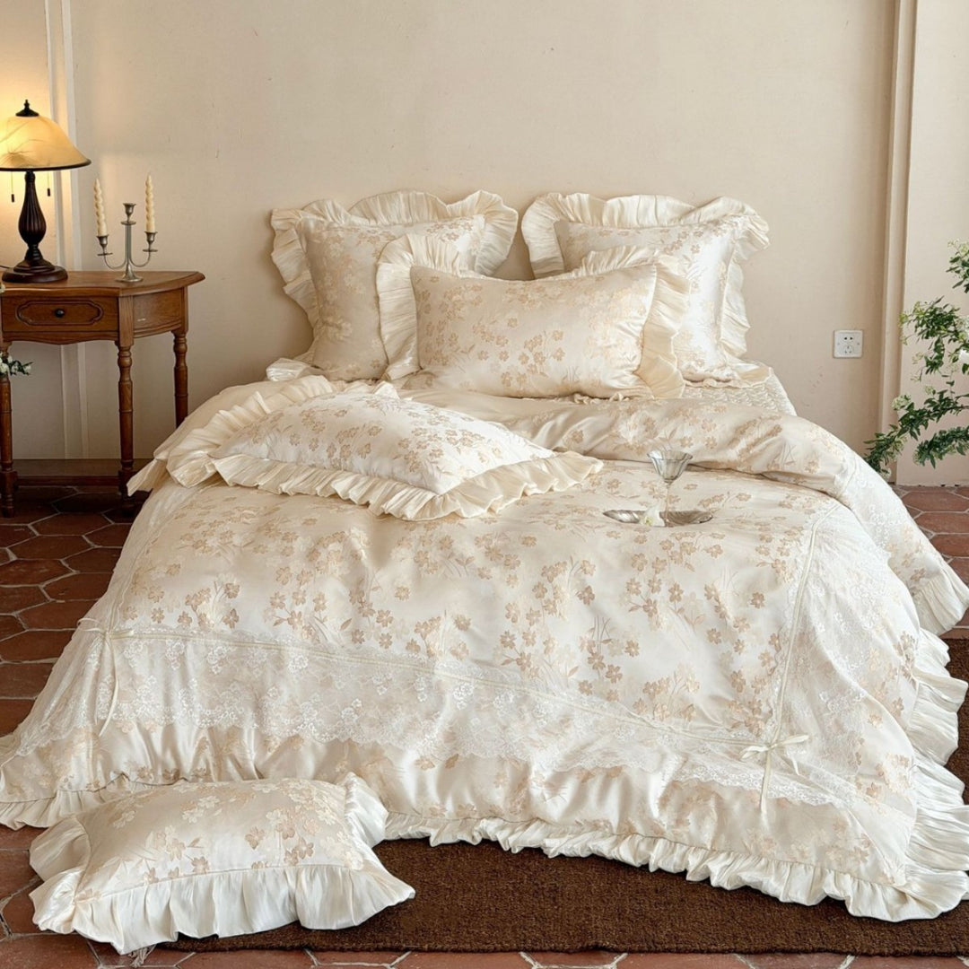 Gerüschtes Jacquard Floral Satin-Besatz Bettwäsche-Set mit Kissenbezug