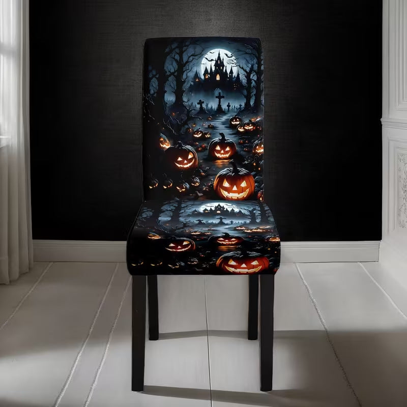 Elastische Stuhlhusse mit Halloween-Schloss und Hexenmotiv, dehnbarer Stuhlbezug für Rückenlehne und Sitz