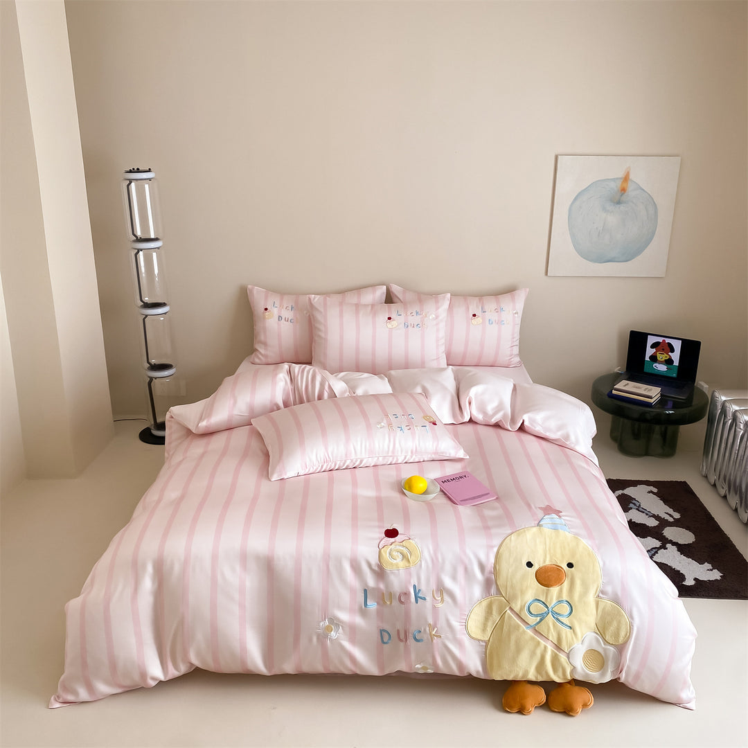 Gestreiftes Besticktes Satin Bettwäsche Set