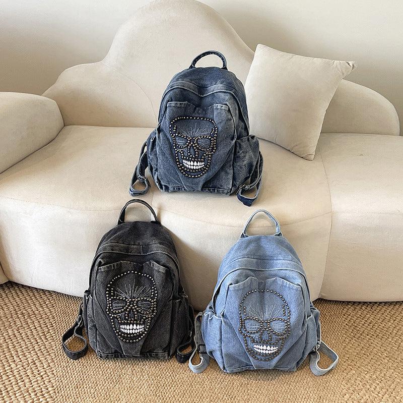 Edgy Skull Design Denim Rucksack