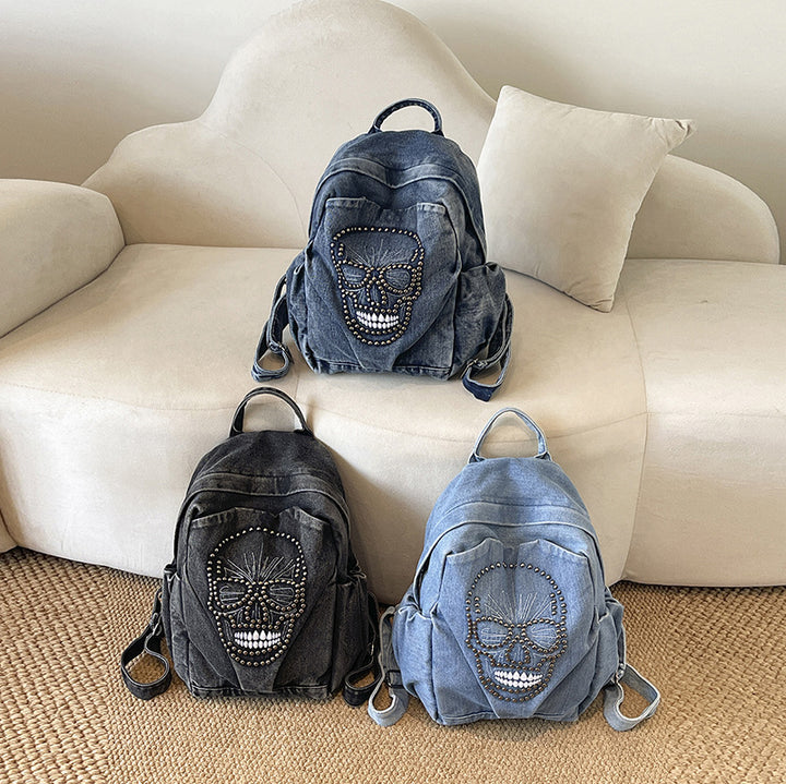 Edgy Skull Design Denim Rucksack