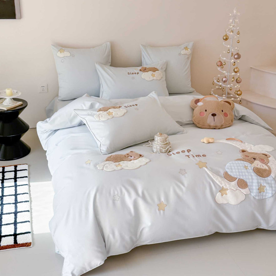 Kinder-Bettwäschegarnitur mit appliziertem Teddybär-Design, extraweichem Mikrofaserbezug und Kissen-Dekokissen