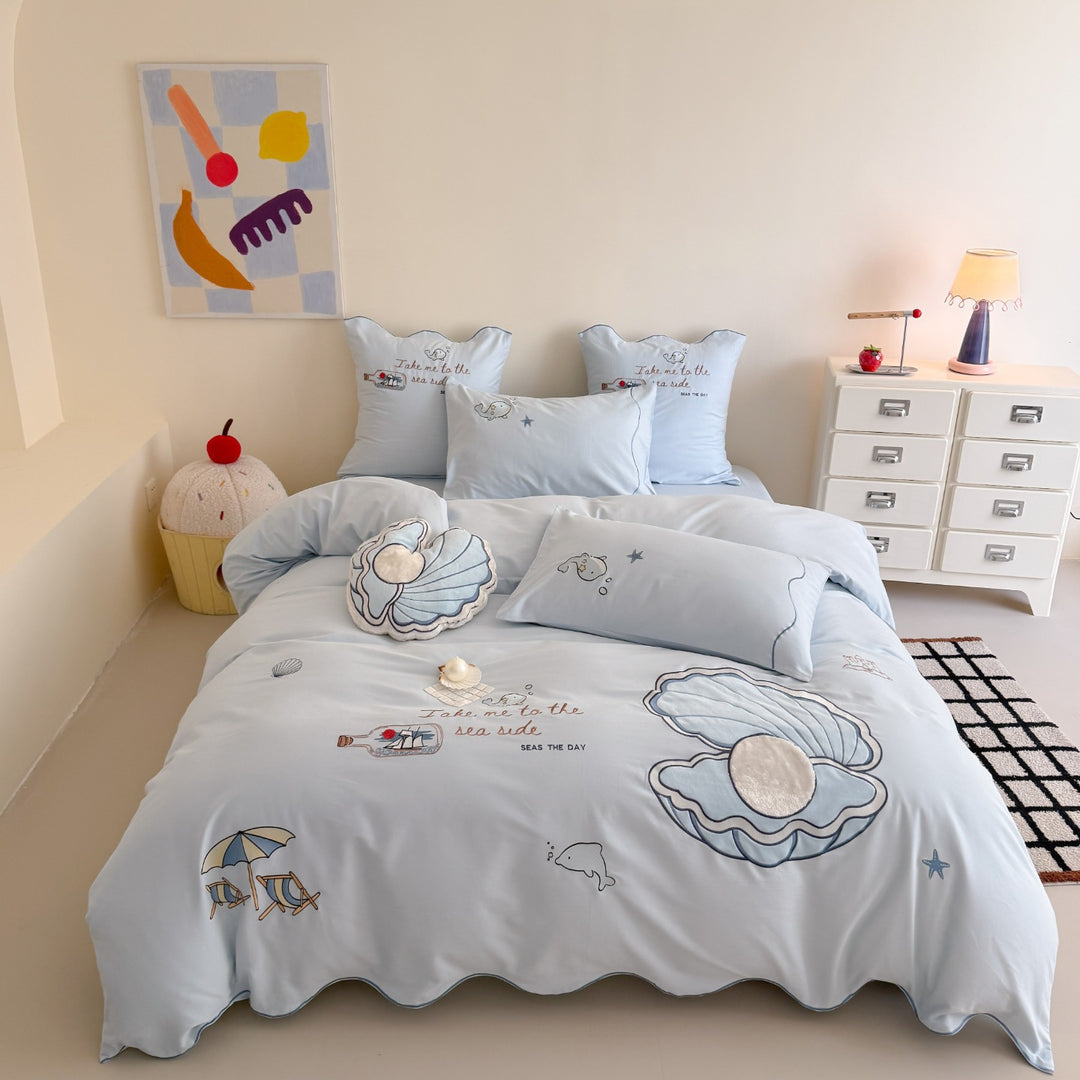 Bestickte Satin-Feel Kitty Applikation Bettbezugset mit geflanschten Kissenbezügen