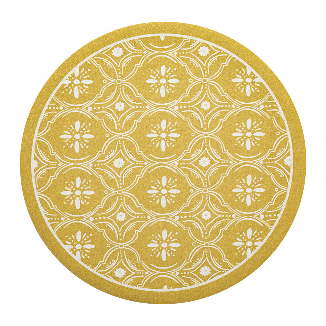 Runder gewebter Wohnteppich mit floraler Ornamentik und Tiermotiv