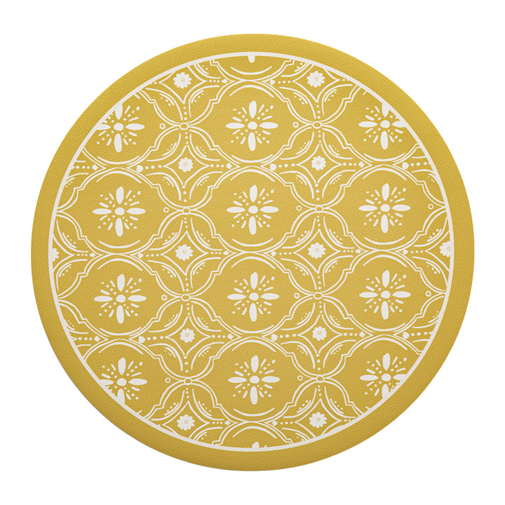 Runder gewebter Wohnteppich mit floraler Ornamentik und Tiermotiv