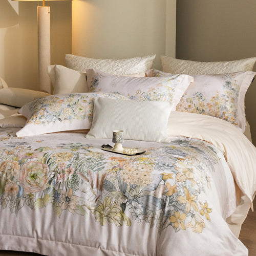 Florales Baumwollsatin-Bettbezug-Set mit zartem Aquarellblumenprint und luxuriösem Softfinish
