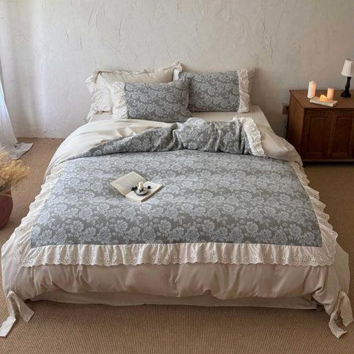 Floral Jacquard Rüschend duvet cover set mit Ösenmade Spitze trim