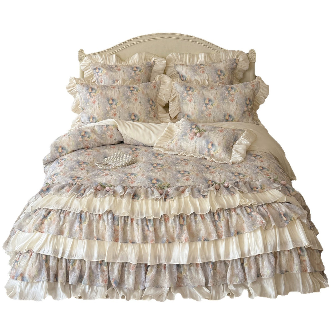 Romantisches Schicht-Rüsche Blüten Bettwäsche Set mit Satin-Trim Kissenbezügen