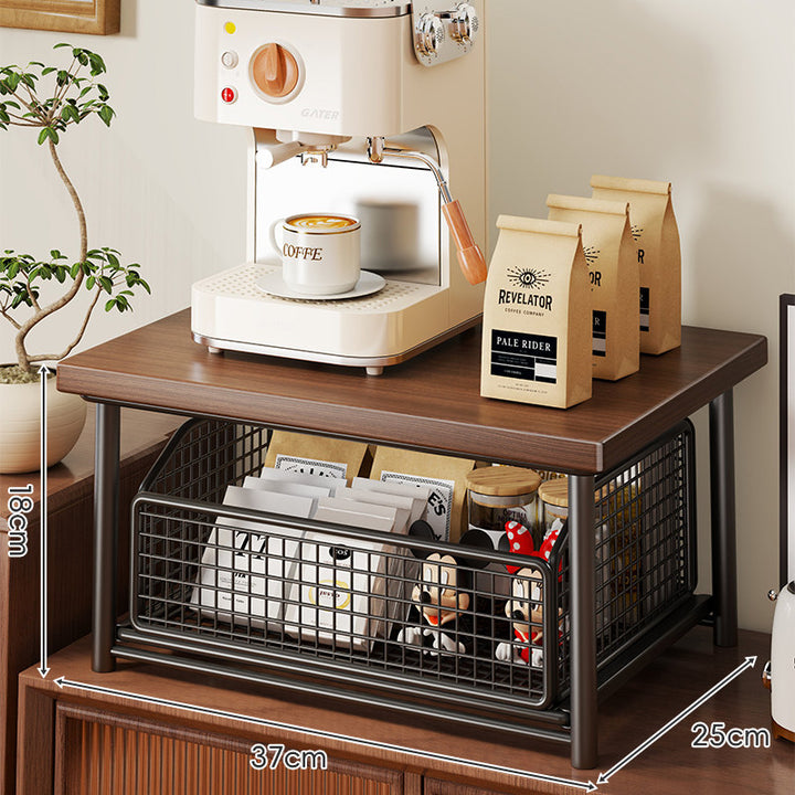 Theke Kaffee Station Organizer mit gleitendem Metallkorb und Holzregal