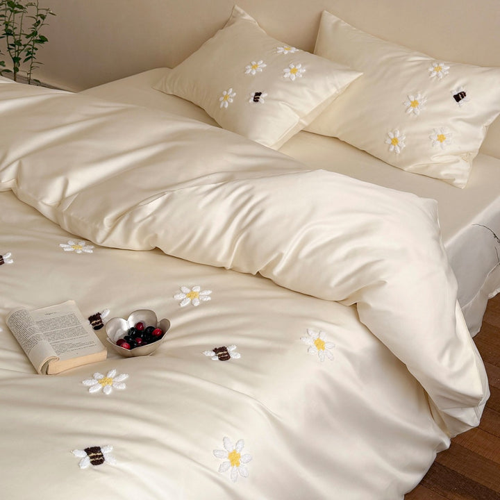Hand-gesticktes Daisy und Bee Satin-Sateen Bettbezug Set
