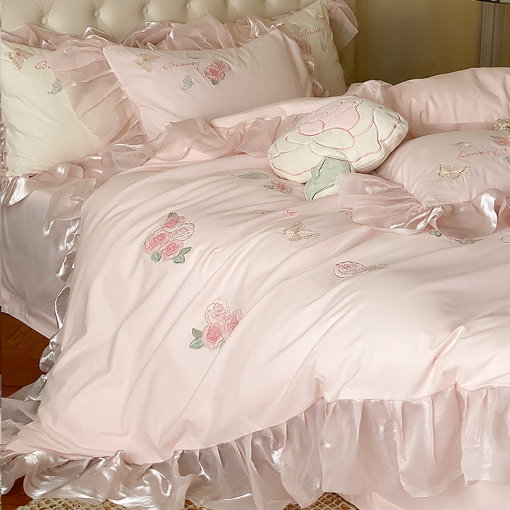 Rüschen Satinbesatz Bestickte Rose Bettbezug Ensemble