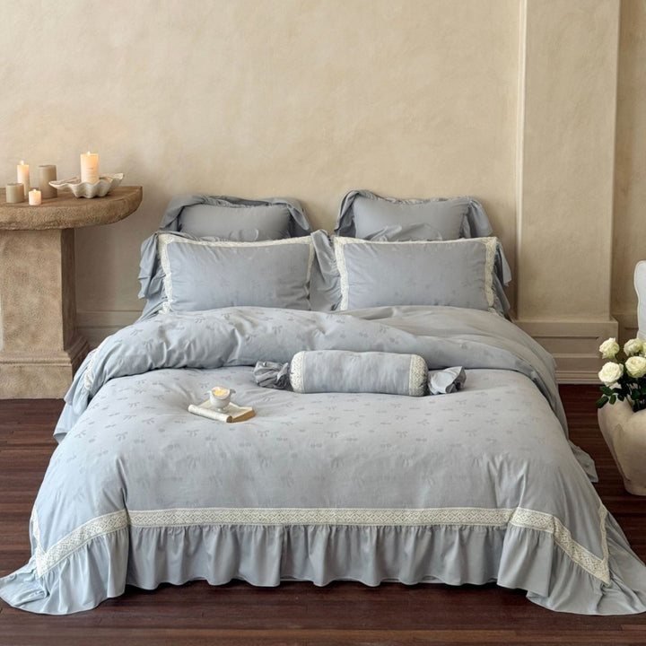 Leinen-Mischung Jacquard Floral Bettbezug Set mit Rüschensaum und dekorativem Bolster