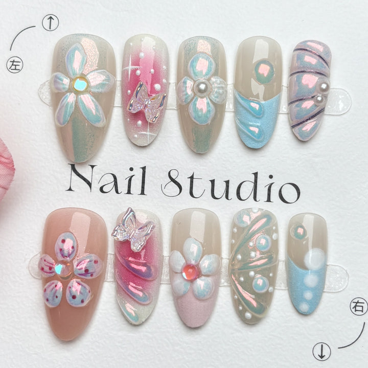 Künstlerisches Blumendruck-Press-On-Nagelset 1790746209
