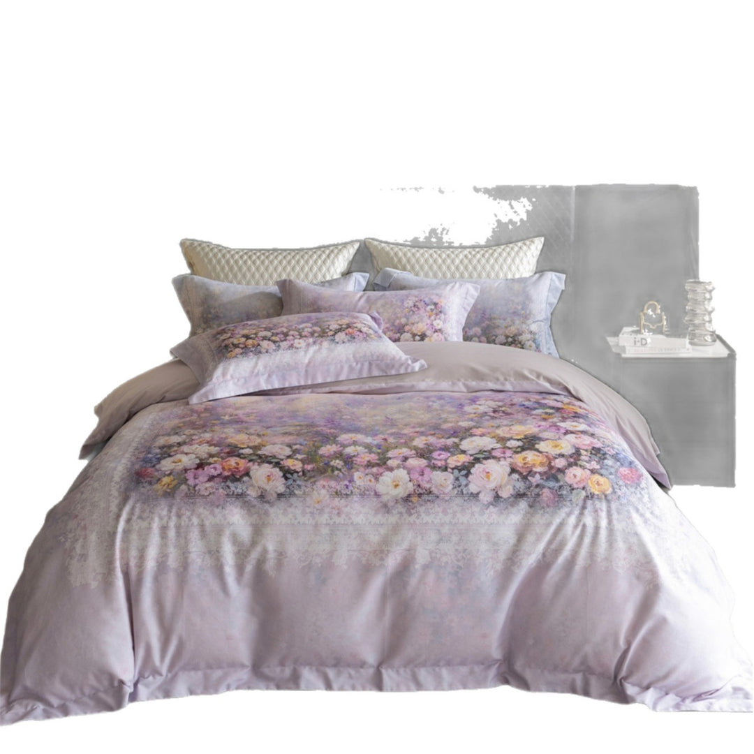 Florales Kunst-Print Baumwoll-Satin Bettbezug Set mit Wendeseite & Dekorativen Kissenbezügen