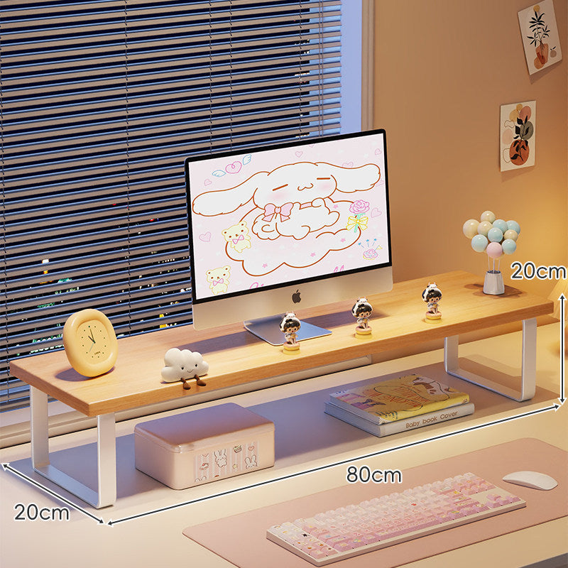 Kompakte Holz-Desktop-Monitorerhöhung mit Metallbeinen und unterer Ablagefläche