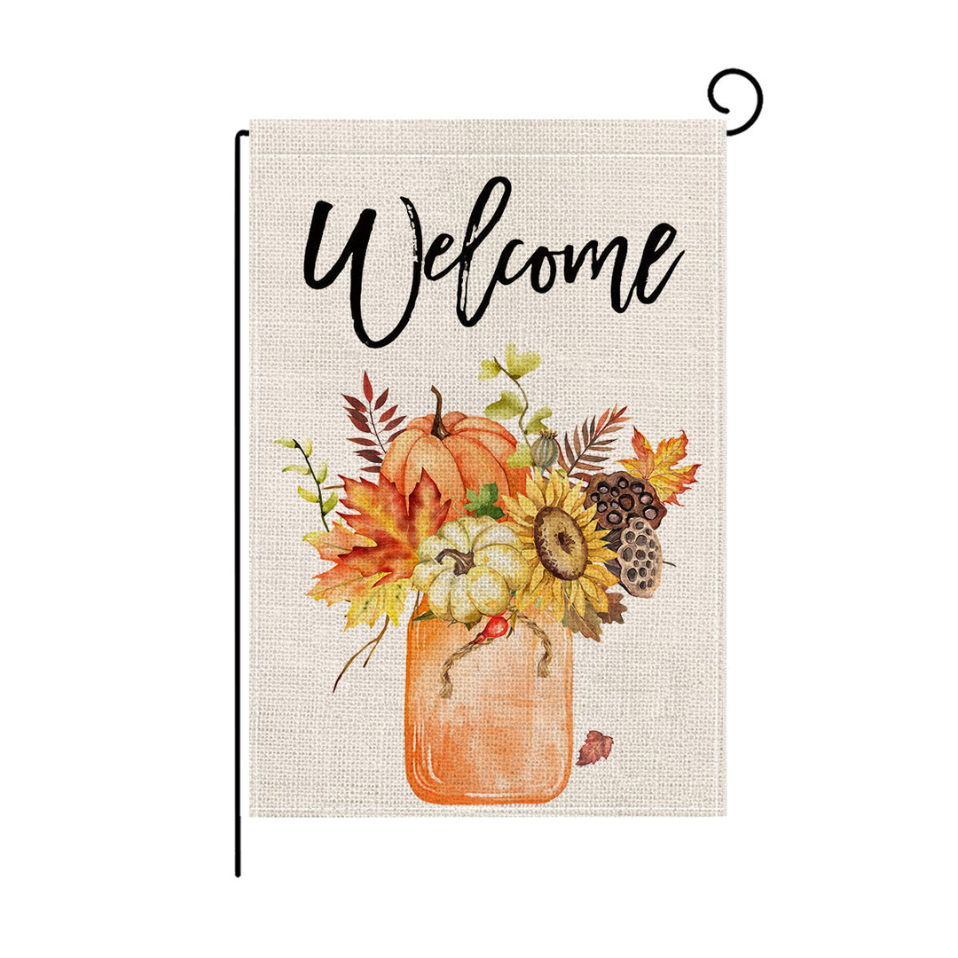 Saisonale Herbst Willkommen Gartenflagge Leinen-Textur Doppelseitiges Außenhof-Banner mit Einmachglas Kürbisstrauß