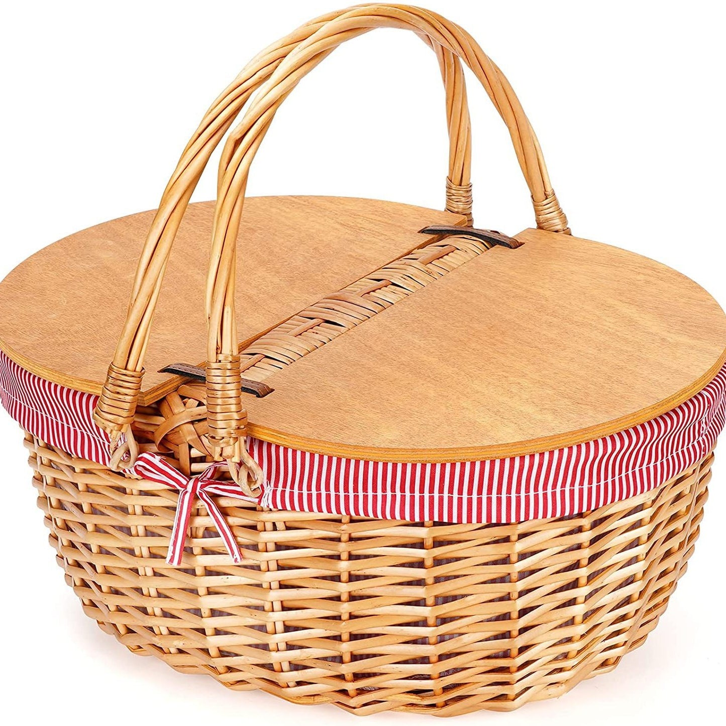 Damen Picknickkorb mit Holzdeckel und gestreiftem Futter Karnz
