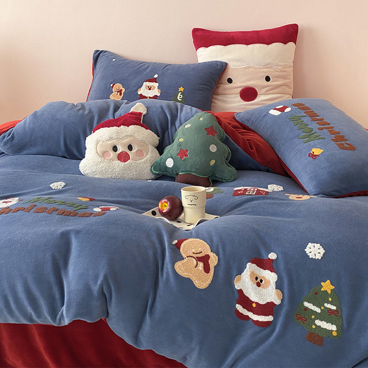 Weihnachtliches Besticktes Plüsch Bettbezug Set