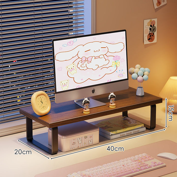 Kompakte Holz-Desktop-Monitorerhöhung mit Metallbeinen und unterer Ablagefläche