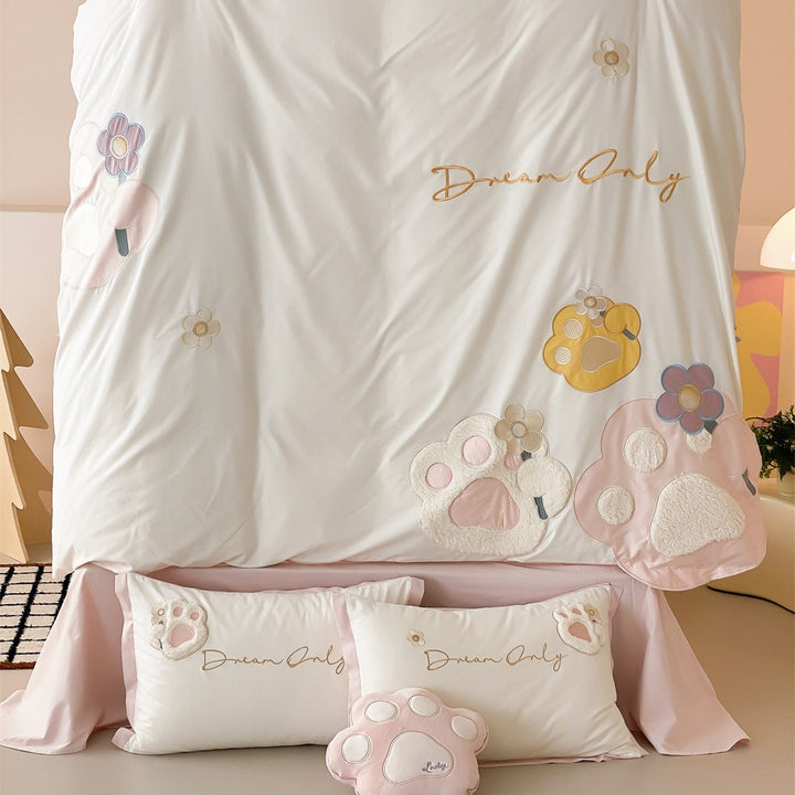 Bestickte Plüsch-Pfoten-Akzent Baumwollsatin Bettbezug Set
