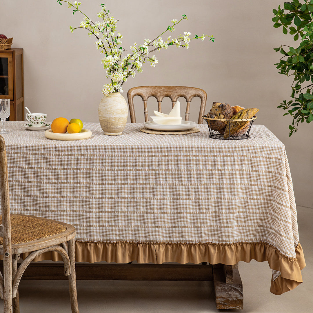 Rechteckige Tischdecke mit Rüschenbordüre und Vichy-Karo-Struktur Karnz