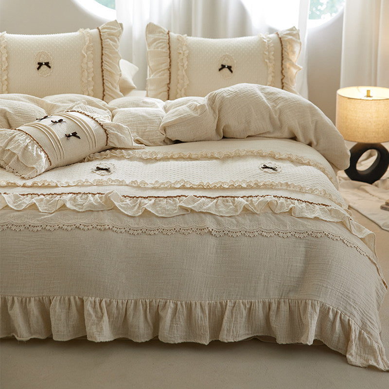 Vintage Rüschenspitze-Besatz Baumwolle Bettdeckenbezug Set mit dekorativem Bolster und Kissenbezügen