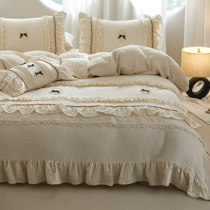 Vintage Rüschenspitze-Besatz Baumwolle Bettdeckenbezug Set mit dekorativem Bolster und Kissenbezügen