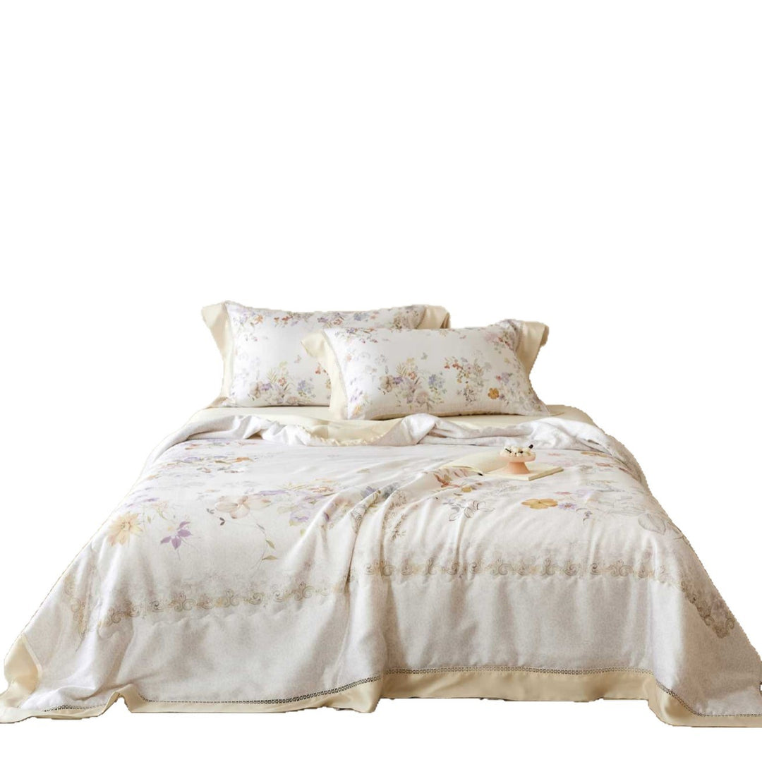 Bettbezug-Garnitur aus seidenweichem Baumwollsatin mit floralem Aquarellprint und dekorativer Bordüre