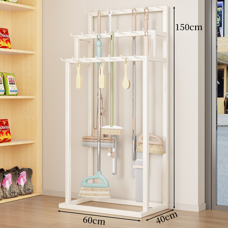 Vertikaler Mop- und Besen-Organizer-Rack mit Mehrfachhaken-Aufbewahrung