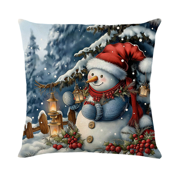 Urlaubsfestliche Leinenmischung Quadratische Kissenbezug mit Schneemann und Winterlandschaft Druck
