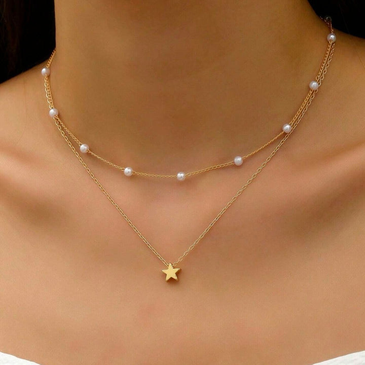 Schichtige Perle und Stern Charm Halskette Karnz
