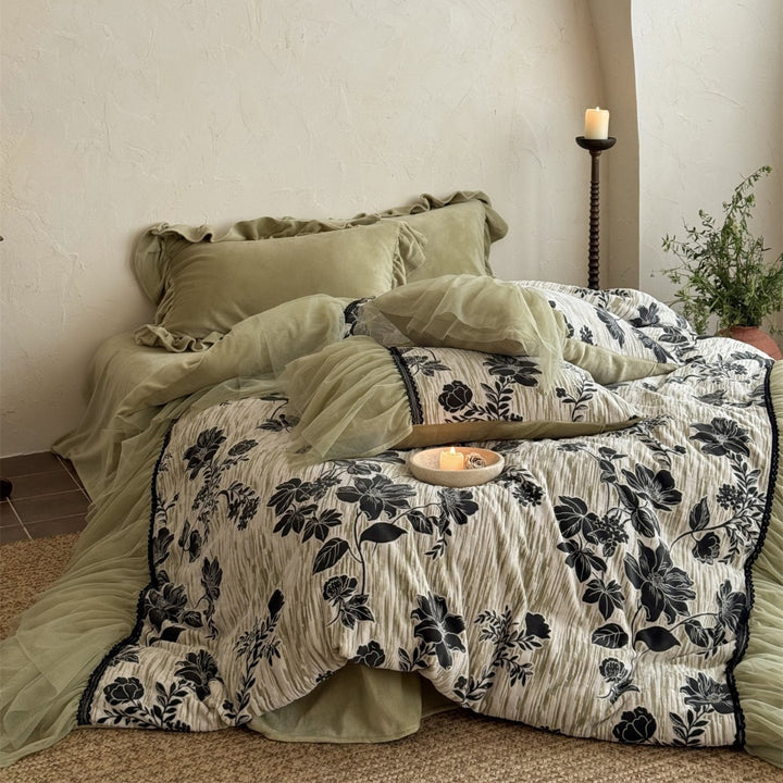 Floral Tüll-Rüsch-Duvetbezug Set mit dekorativen Kissenbezügen