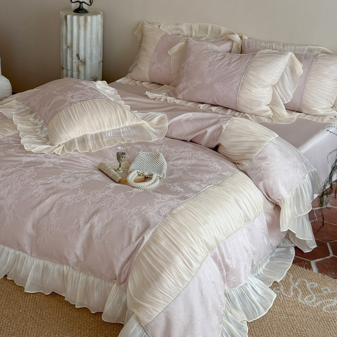 Luxuriöses Jacquard-Satin Bettwäsche-Set mit gepolstertem Chiffon-Rüschensaum & Oxford-Kissenbezügen