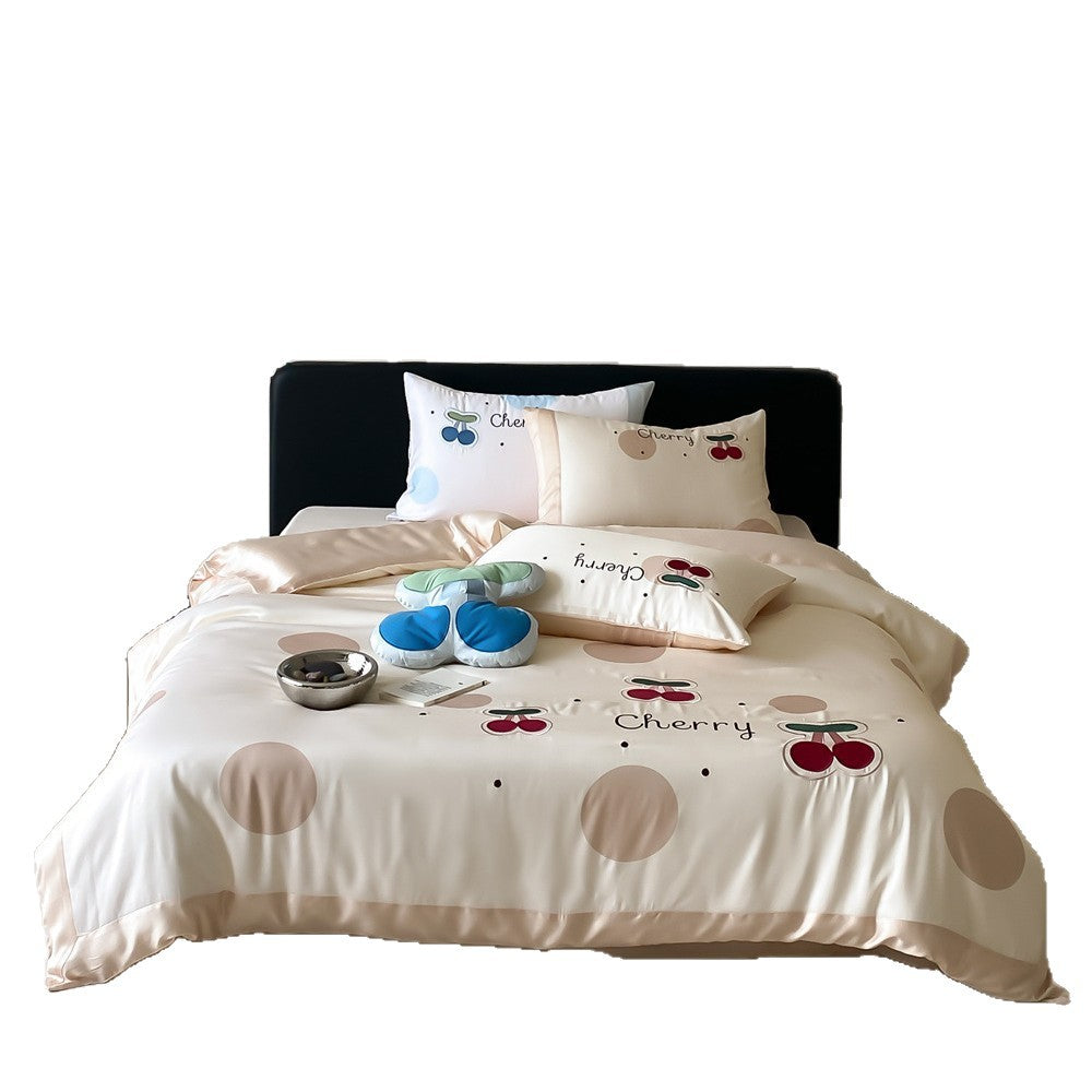 Bettwäscheset aus Baumwollsatin mit Kirschmotiv, Punkt-Design und seidig-mattem Finish