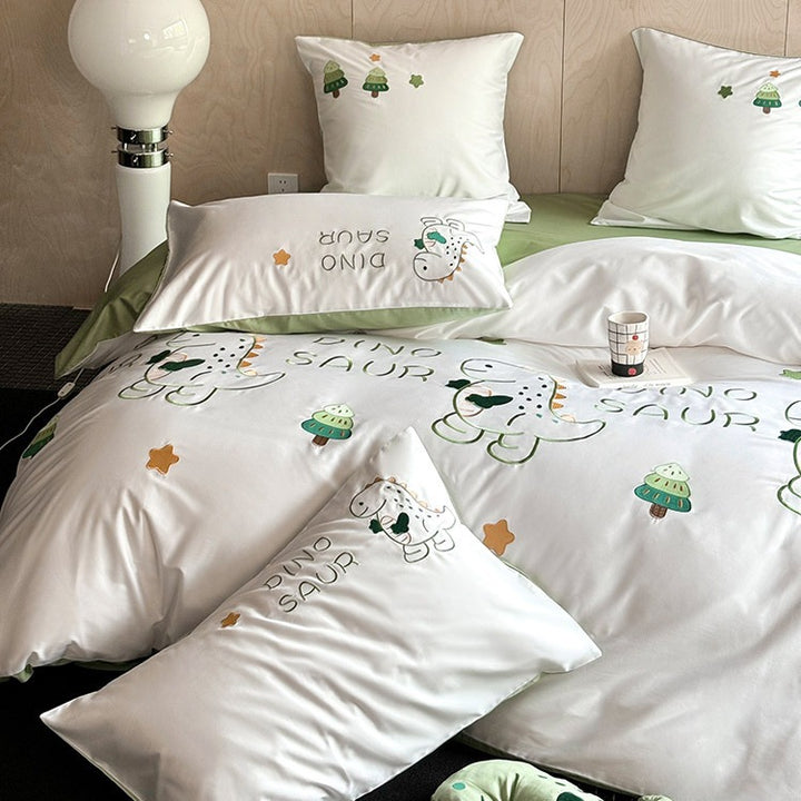Kinder Cartoon Dinosaur Baumwoll-Satin Bettdeckenbezug Set mit umkehrbarem grünem Rücken & Oxford Kissenbezügen