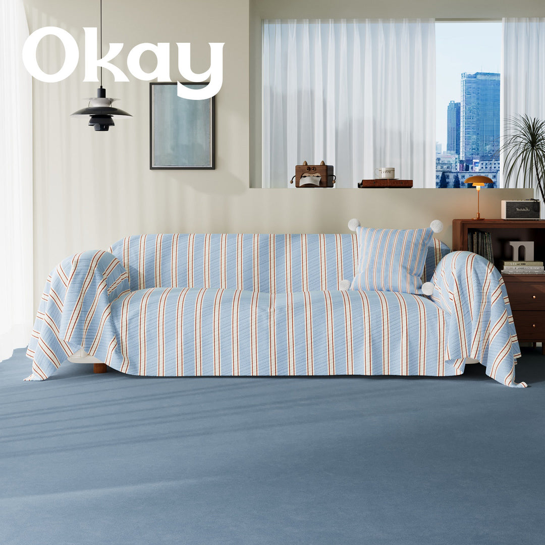 Quilted Striped Reversible Sofa Slipcover with Pom-Pom Accent Pillow