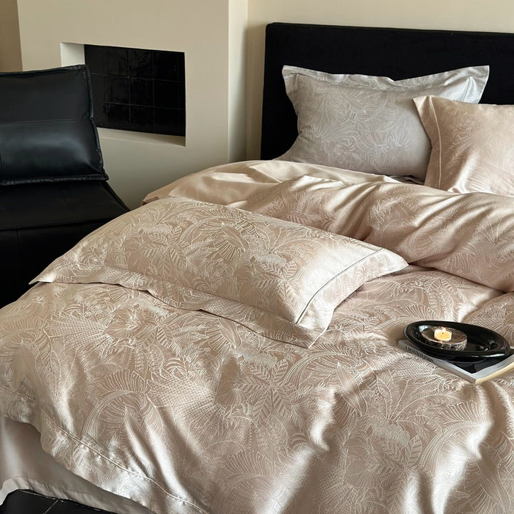 Jacquard Satin Botanisches Bettdeckenbezug-Set mit Umschlagkissenbezügen