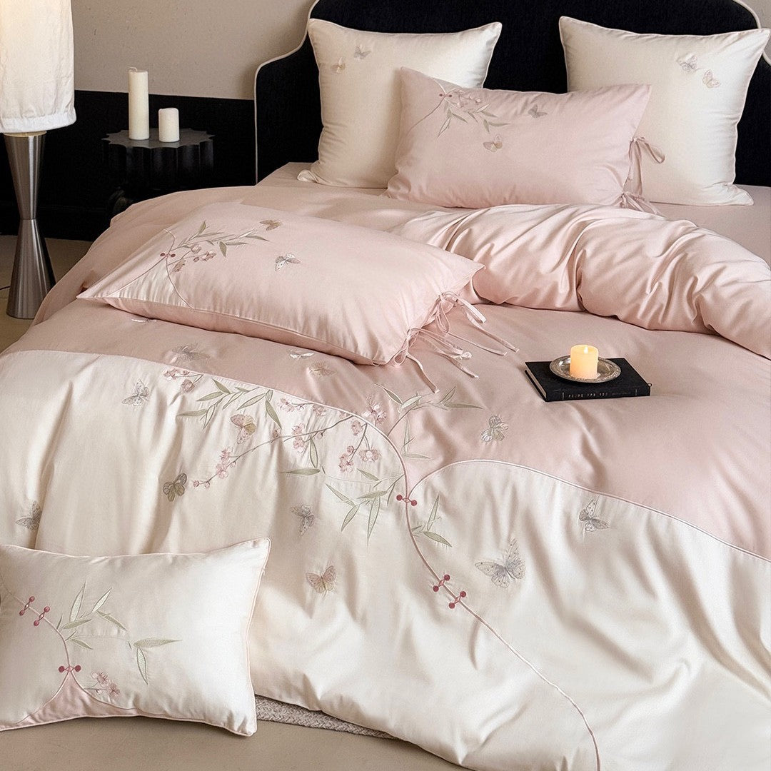 Bestickte Satin-feel Baumwollsatin Bettbezug Bettwäsche Set mit dekorativen Kissenbezügen