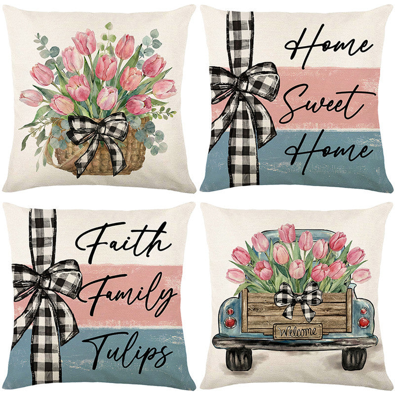 Dekorative Kissenbezug mit Leinenstruktur, quadratisch, mit Aquarell-Tulpenkorb-Druck und Gingham-Schleifenakzent