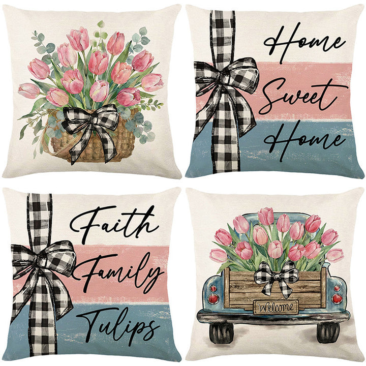Dekorative Kissenbezug mit Leinenstruktur, quadratisch, mit Aquarell-Tulpenkorb-Druck und Gingham-Schleifenakzent