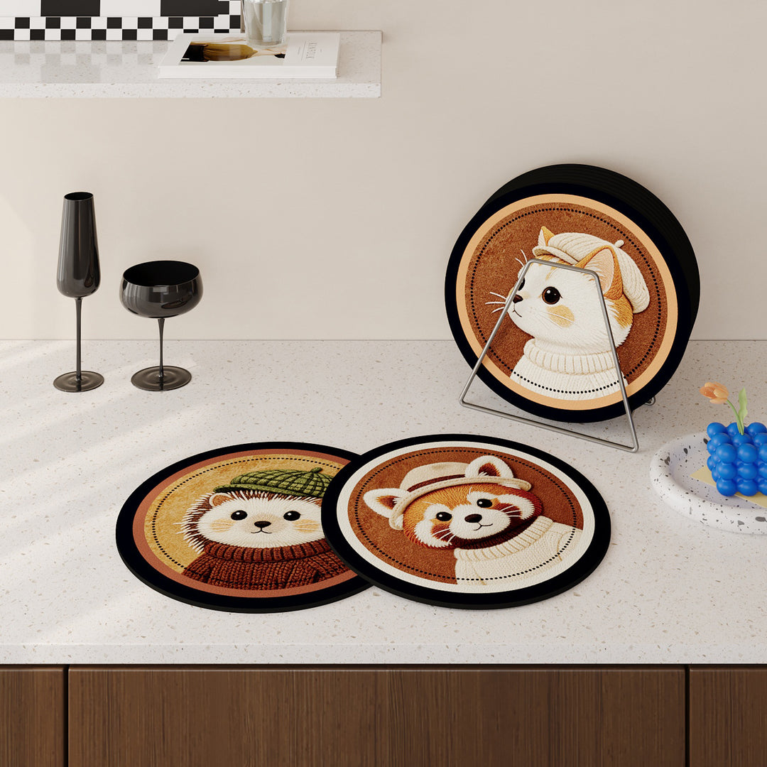 Round Embroidered Faux-Leather Drink Coaster Set with Non-Slip Backing
