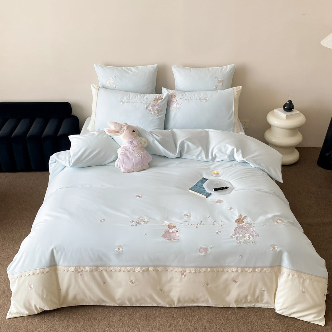 Besticktes Bunny Baumwollsatin Bettbezug Set mit Spitzenverzierung Kissenbezügen