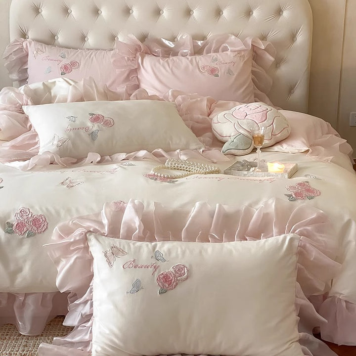Rüschen Satinbesatz Bestickte Rose Bettbezug Ensemble
