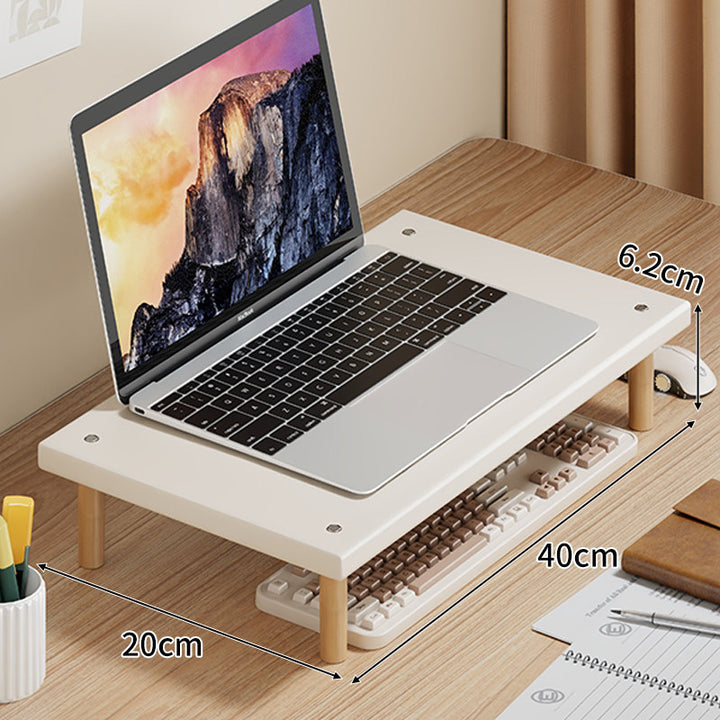 Kompakte Desktop-Laptop- und Monitorerhöhung mit Untertischstauraum und Holzbeinen