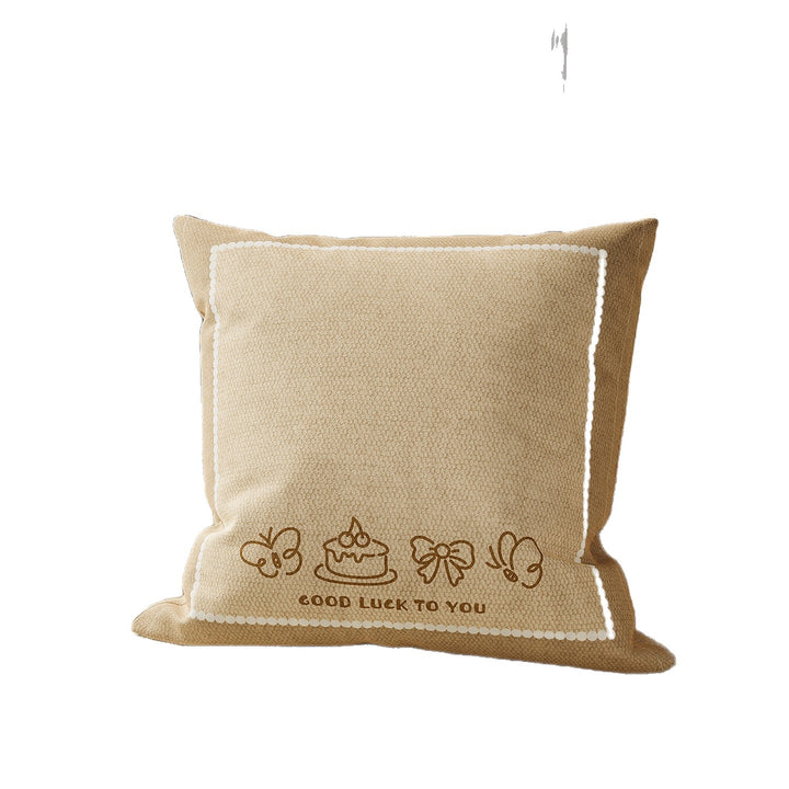 Square Textured Bouclé Throw Pillow Cover with Embroidered Teddy Motif