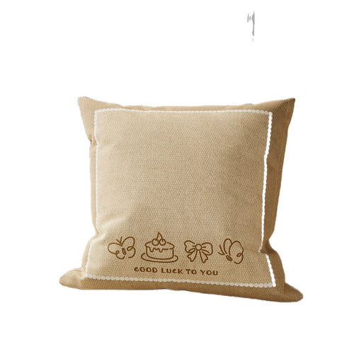 Square Textured Bouclé Throw Pillow Cover with Embroidered Teddy Motif